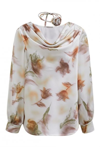 Watercolor Floral Print Satin Top with Choker in Rust