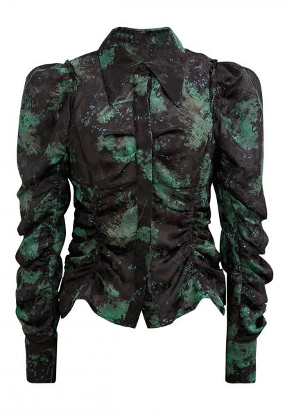 Exaggerated Gigot Sleeve Floral Jacquard Shirt in Green
