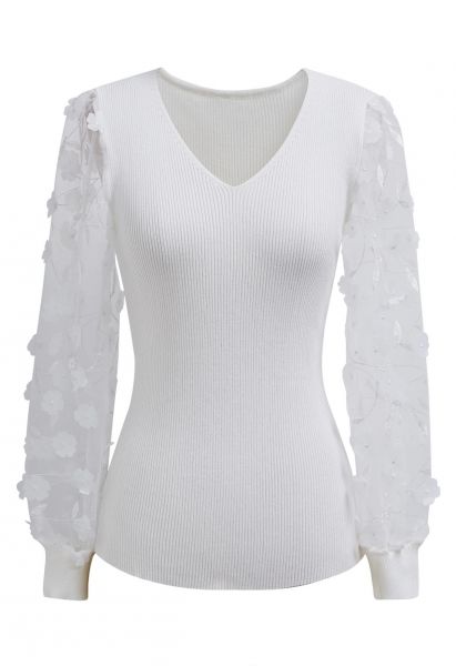 3D Floret Mesh Sleeves Spliced Knit Top in White
