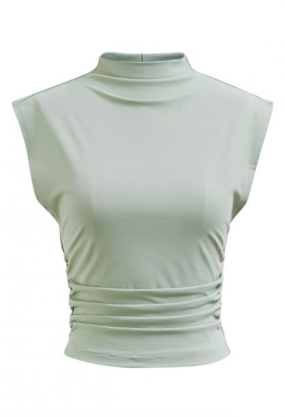 Mock Neck Ruched Sleeveless Top in Pea Green