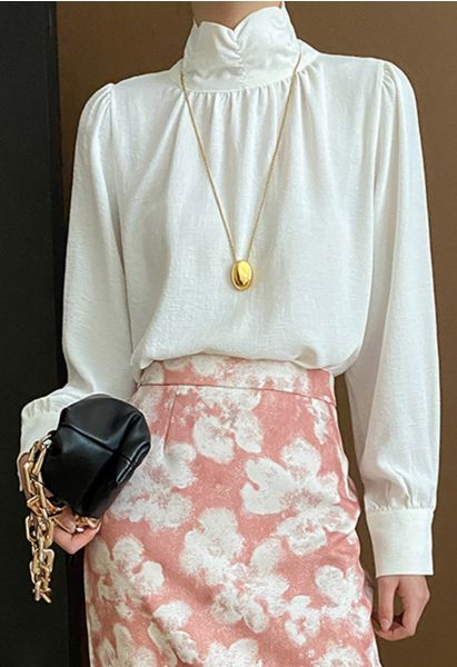High Neck Puff Sleeve Chiffon Top in White