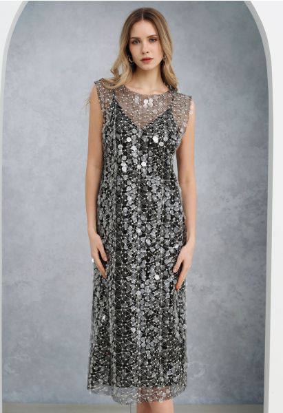 Embroidered Sequin Mesh Sleeveless Dress in Black