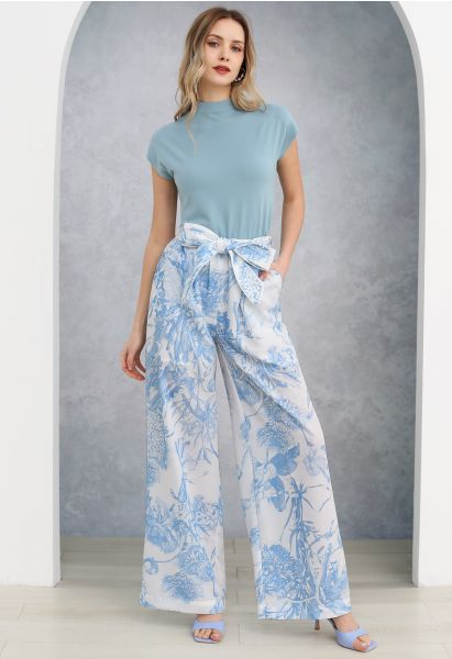 Blue Bouquet Printed Wide-Leg Pants