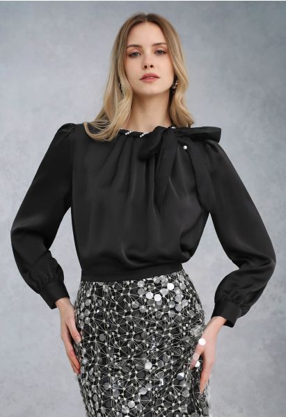 Pearly Neckline Side Bowknot Satin Top in Black