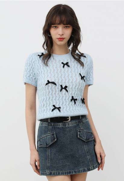 Endearing Bowknot Embellished Short Sleeve Knit Top in Blue
