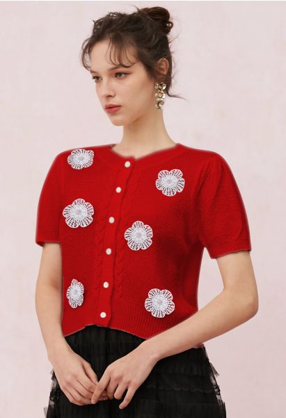 Crochet Flower Adorned Short Sleeve Knit Cardigan in Red