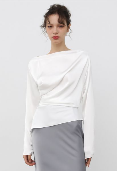 Asymmetric Ruched Satin Long Sleeve Top in White