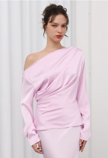 Asymmetric Ruched Satin Long Sleeve Top in Pink