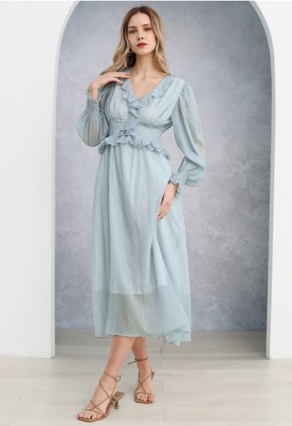 Ruffle Trim Shirred Waist Texture Midi Dress