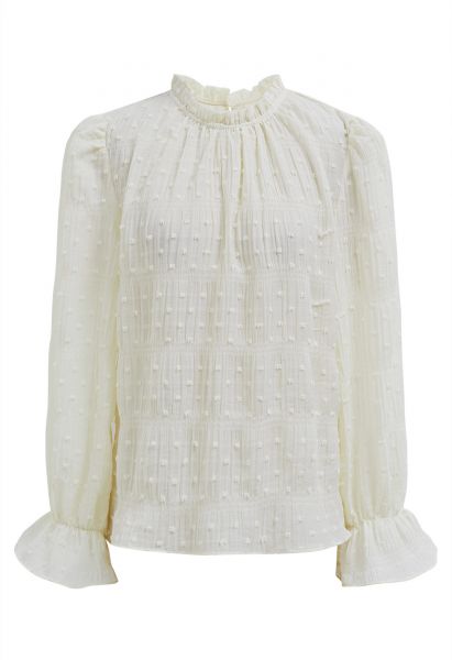 Flock Dot Trim Puff Sleeves Top in Light Yellow