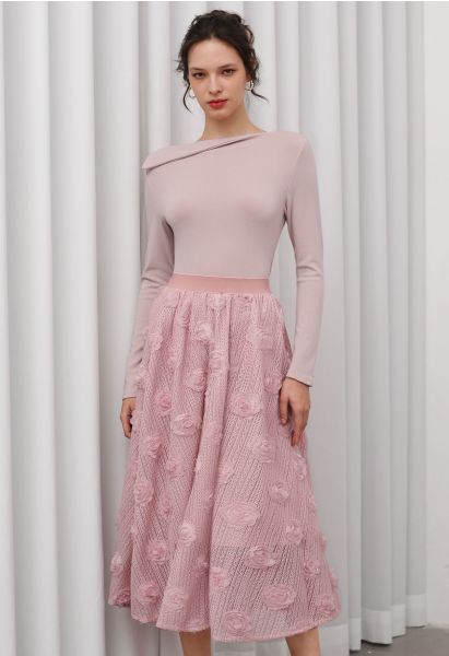 3D Rose Openwork Cotton Midi Skirt in Pink