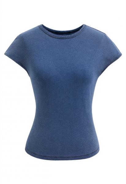 Solid Cap Sleeves Ribbed Top in Blue