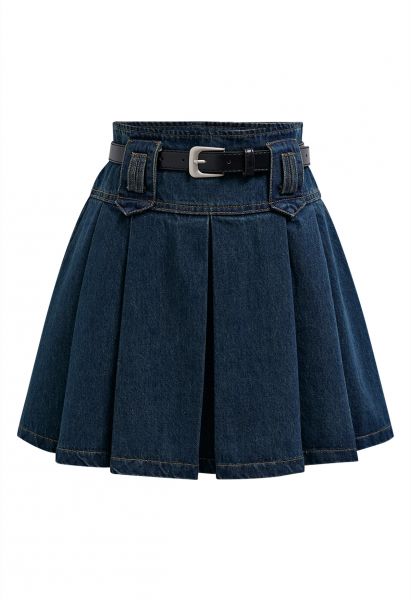 Classic Pleat Denim Mini Skirt with Belt in Blue