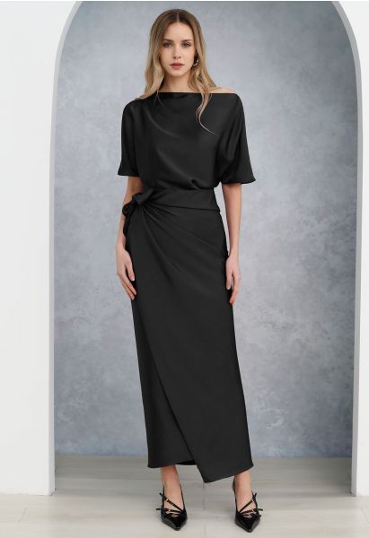 Satin Short-Sleeve Wrapped Waist Maxi Dress in Black