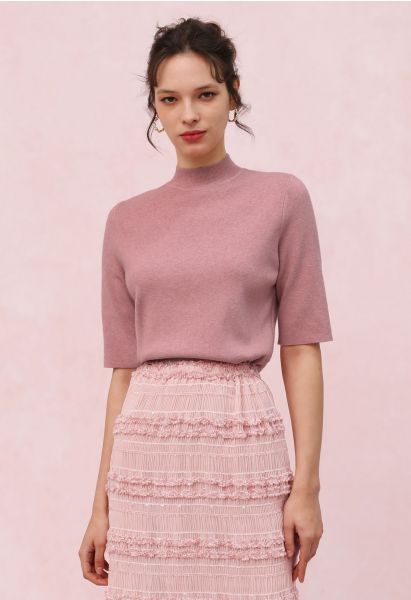 Mock Neck Elbow Sleeve Knit Top in Pink