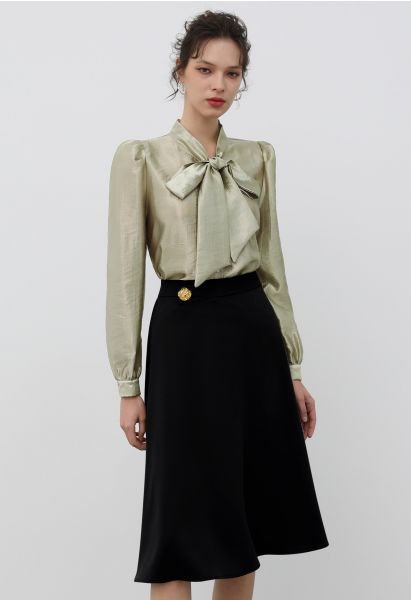 Golden Button Embellished Midi Skirt in Black