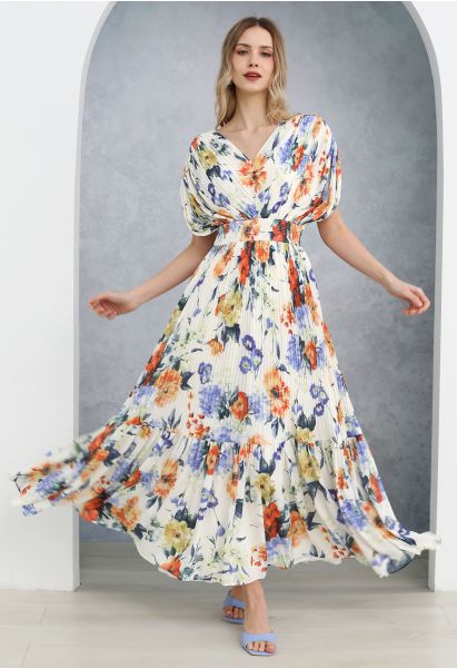 Vernal Blossom Pleated Maxi Dress