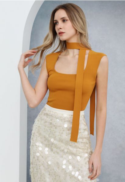 Square Neck Sleeveless Knit Top with Sash in Pumpkin