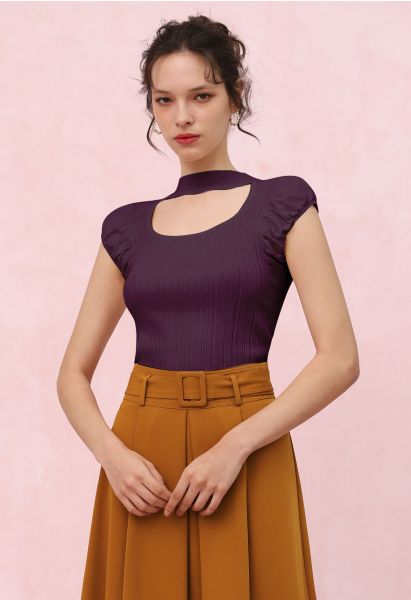 Choker Neck Ruched Cap Sleeves Knit Top in Purple