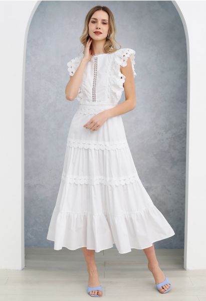 Crochet Trim Sleeveless Midi Dress in White