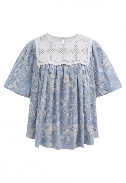 Cutwork Crochet Embroidered Dolly Top in Dusty Blue