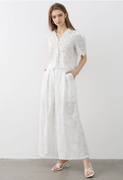 Sunflower Eyelet Embroidered Puff Sleeve Top and Pants Set in White