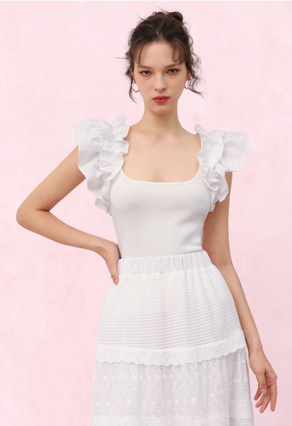 Romantic Ruffle Shoulder Knit Top in White