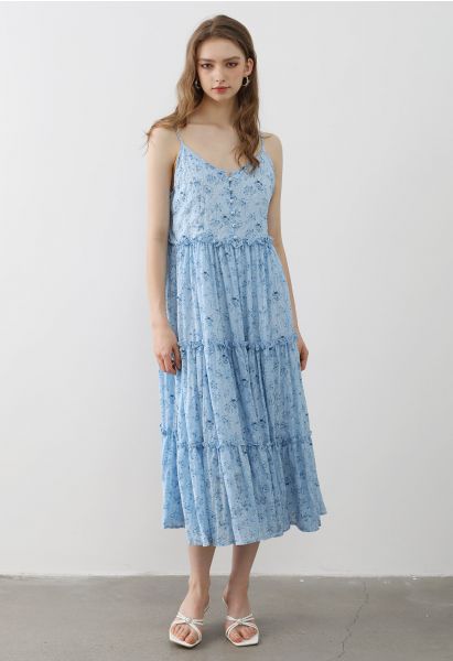 Floral Front Buttoned Ruffled Trim Cami Midi Dress in Blue