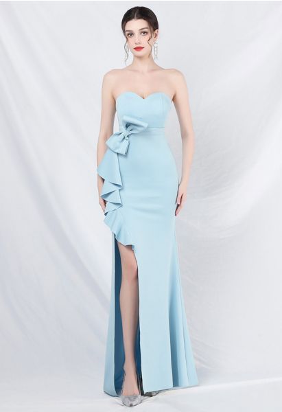 Strapless Bowknot Waist Ruffle Slit Gown in Baby Blue