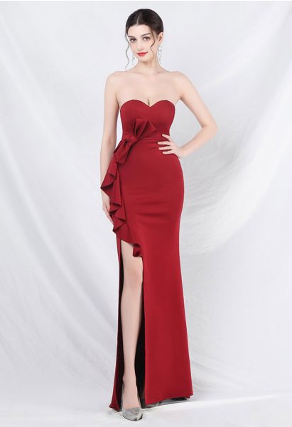 Strapless Bowknot Waist Ruffle Slit Gown in Red