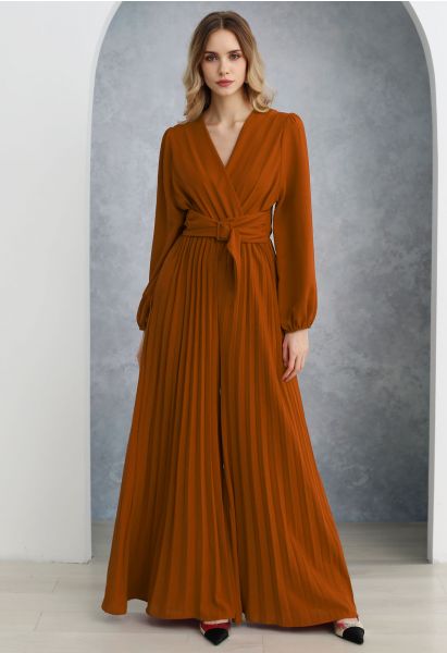 Sash Adorned Wide Leg Pleated Jumpsuit in Orange