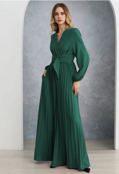 Sash Adorned Wide Leg Pleated Jumpsuit in Dark Green