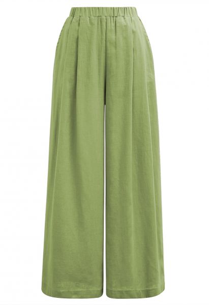 Side Pocket Wide-Leg Linen-Blend Pants in Green
