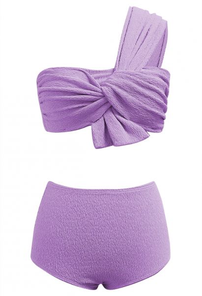 One-Shoulder Knotted Texture Bikini Set in Lilac