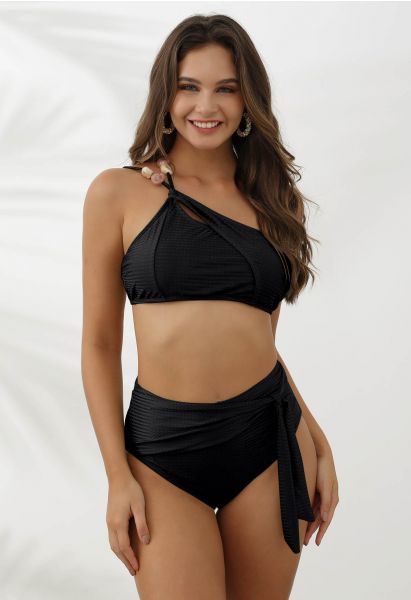 Resin Bead Asymmetric Straps Bowknot Bikini Set in Black