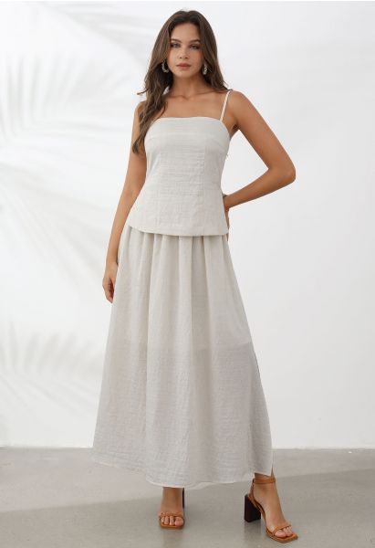 Slit Hem Linen-Blend Top and Maxi Skirt Set in Ivory