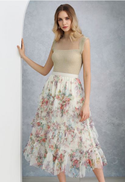 Fairy Dream Floral Ruffle Mesh Midi Skirt in White