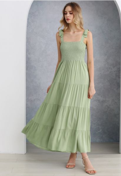 Fluttering Tie-Shoulder Shirred Maxi Dress in Pistachio