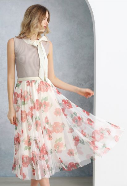Watercolor Floral Mesh Tulle Midi Skirt in Red