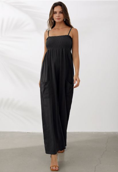 Snazzy Patch Pocket Wide-Leg Cami Jumpsuit in Black