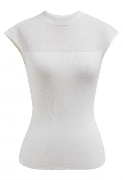 Mock Neck Sleeveless Slim Fit Knit Top in White