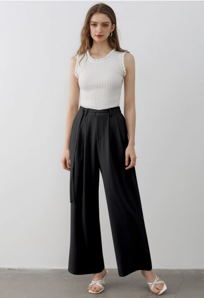 Belted Waist Pleated Palazzo Pants in Black
