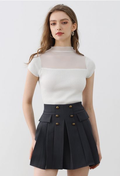 Double-Breasted Pleated Preppy Mini Skorts in Smoke