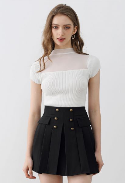 Double-Breasted Pleated Preppy Mini Skorts in Black