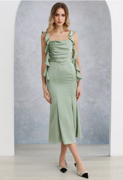 Cascading Ruffle Trim Ruched Satin Dress in Mint