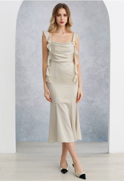 Cascading Ruffle Trim Ruched Satin Dress in Ivory