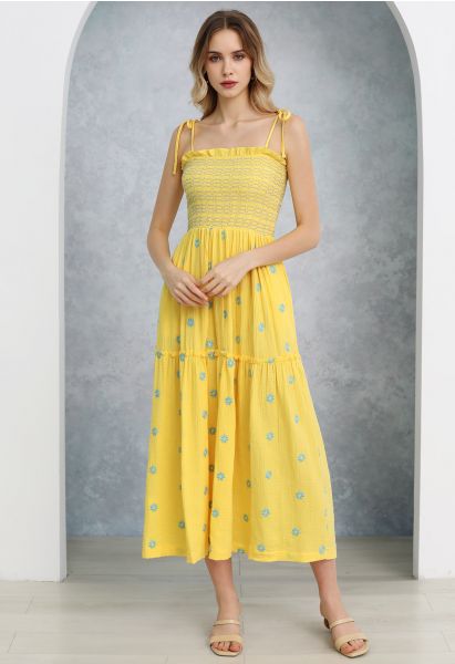 Floret Embroidery Tie-Shoulder Shirred Dress in Yellow
