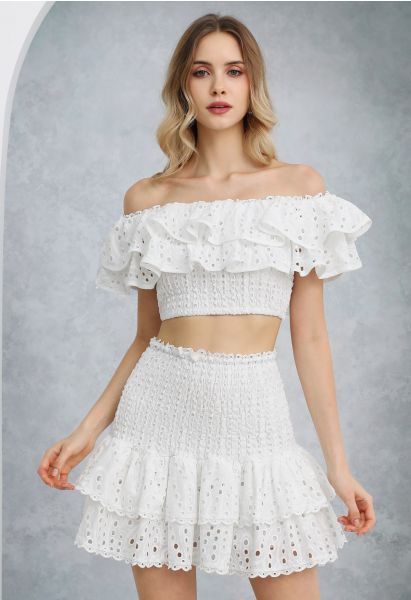 Ruffled Off-Shoulder Shirred Crop Top and Mini Skirt Set in White