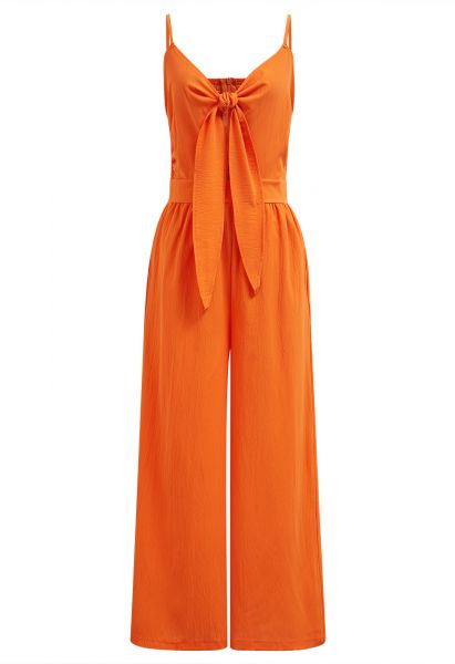 Front Tie Knot Side Pockets Jumpsuit in Orange