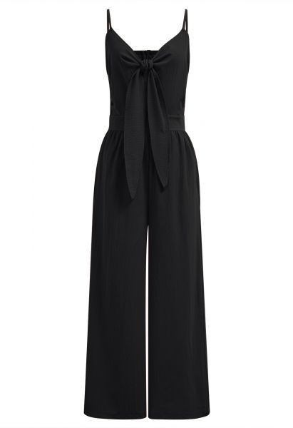 Front Tie Knot Side Pockets Jumpsuit in Black